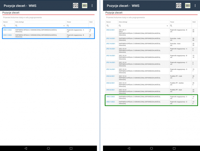Aplikacja mobilna WMS - widok pozycji do opracowania przez danego użytkownika