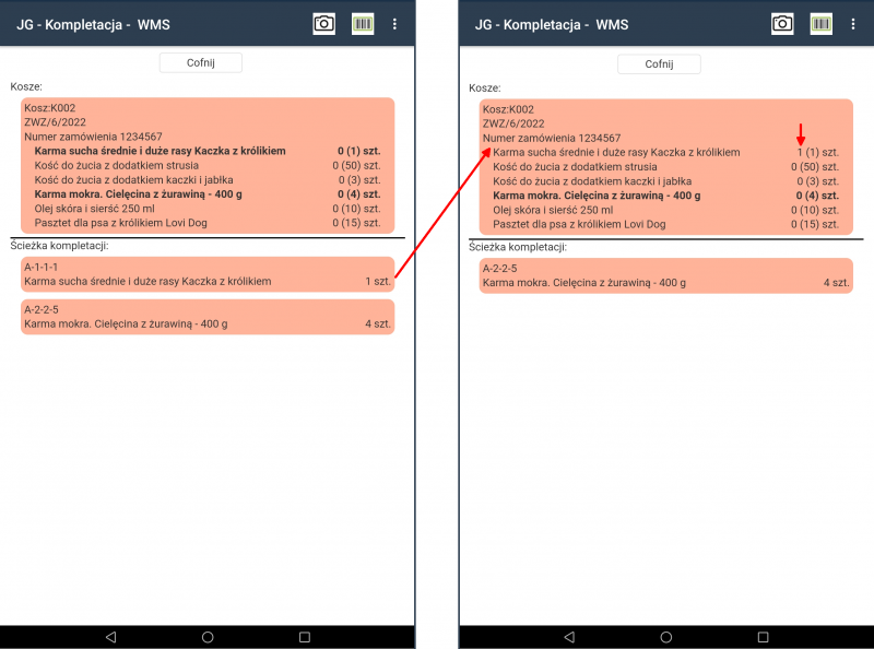 Porównanie widoku okna w aplikacji mobilnej przed i po opracowaniu pozycji – umieszczeniu jej w koszu